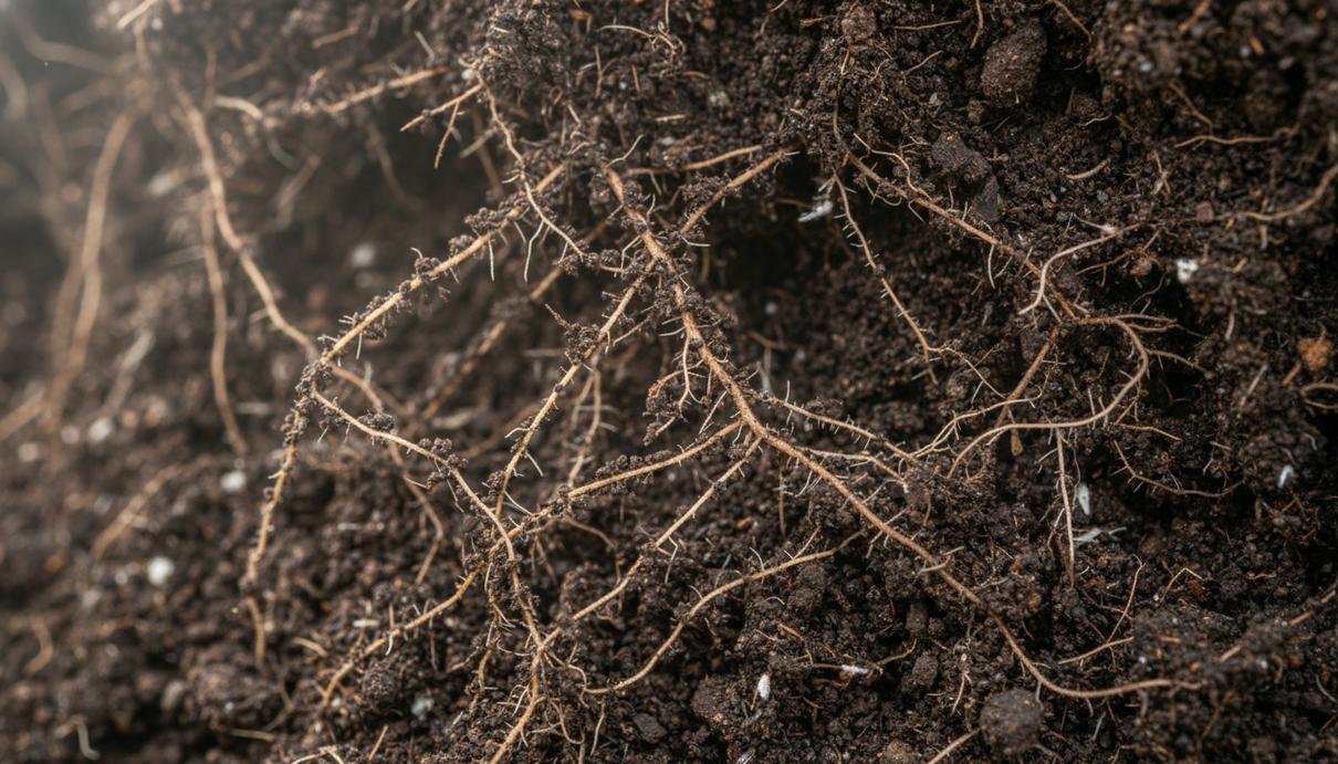 Крупный план корневой системы соевого растения в плодородной темной почве, видны тонкие корневые волоски с частицами земли.