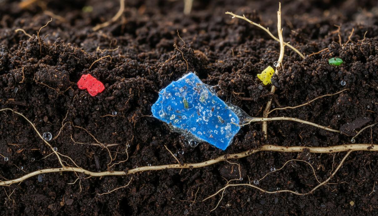 Крупный план плодородной почвы в разрезе с яркими частицами микропластика, покрытыми биопленкой. Рядом видны тонкие корни растений.