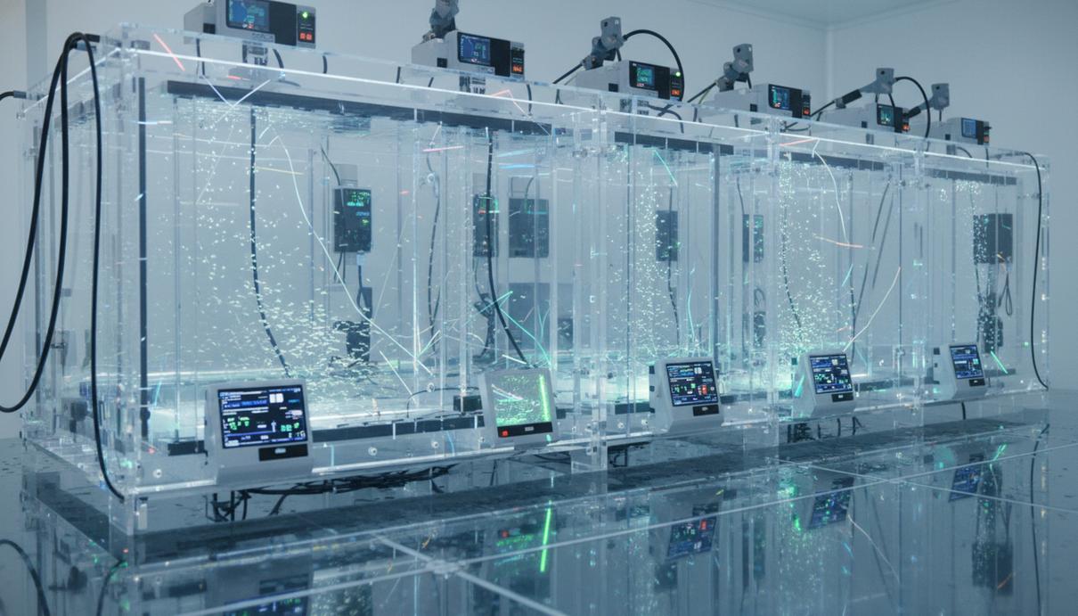 Современная система аквакультуры с прозрачными резервуарами и трубками, где мальки рыб плывут по течению воды под светом.