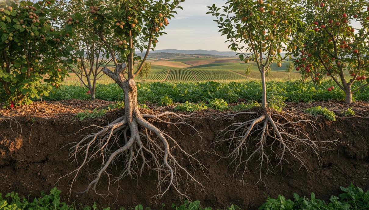Глубокая корневая система многолетнего растения в плодородной почве на фоне аграрного ландшафта