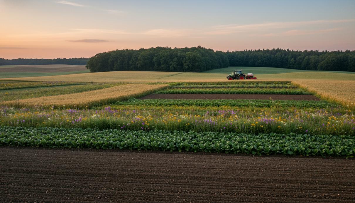 Разнообразные сельскохозяйственные поля с полосами диких цветов и лесом на заднем плане.