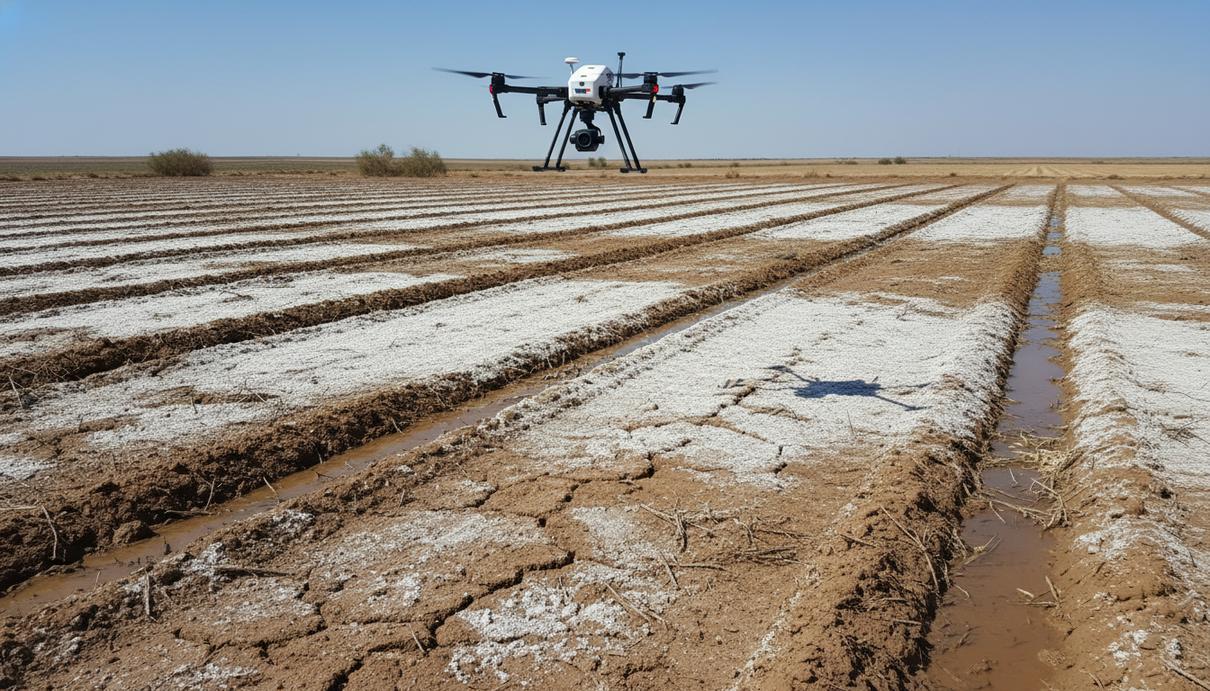 Сельскохозяйственный дрон в небе над полем с характерными белыми пятнами соли на поверхности земли.