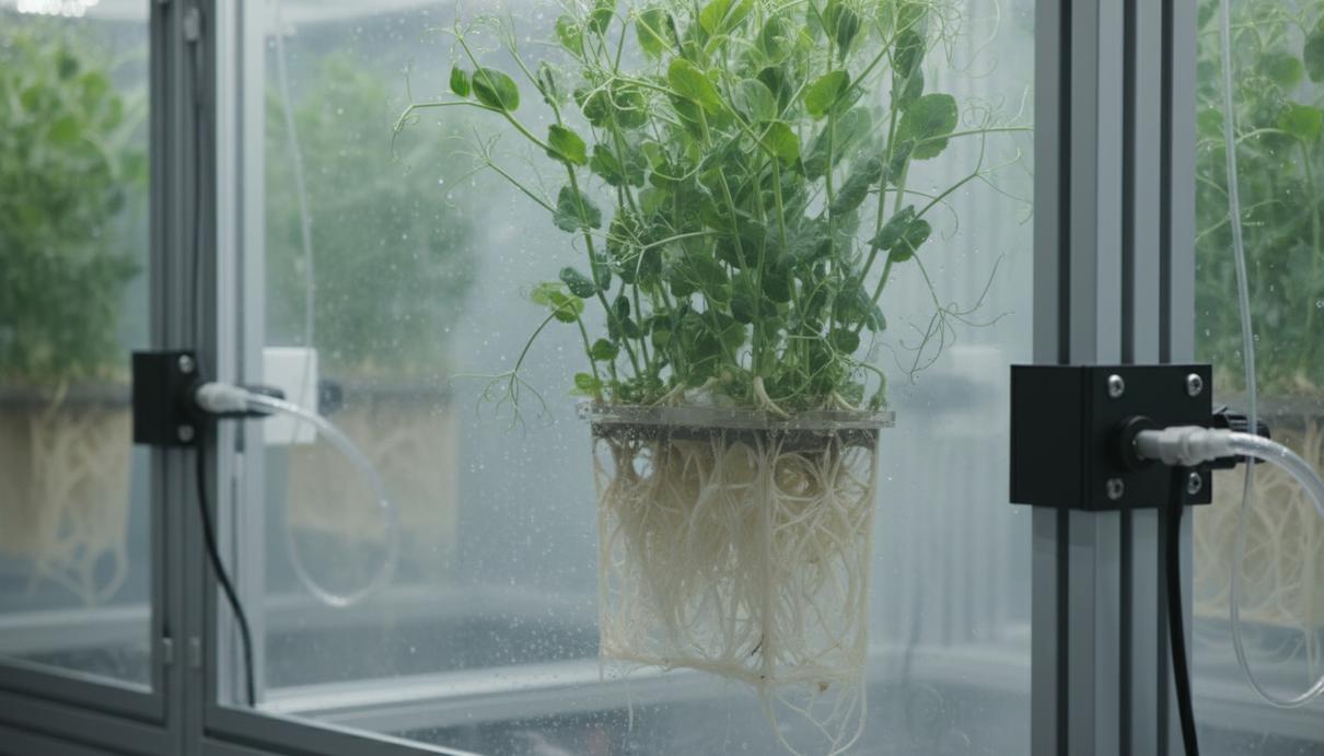 Зеленые побеги гороха в аэропонной системе с мелкодисперсным туманом вокруг корней.