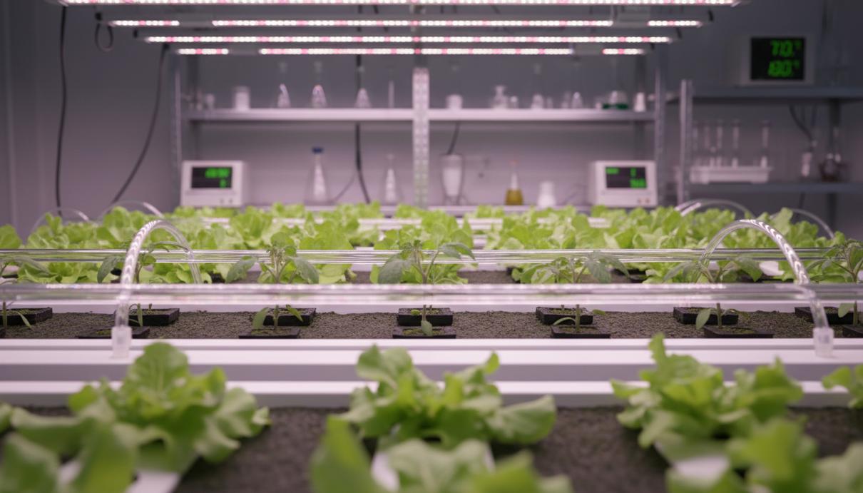 Зеленые саженцы салата и томатов в лабораторных лотках с подведенными трубками системы полива.