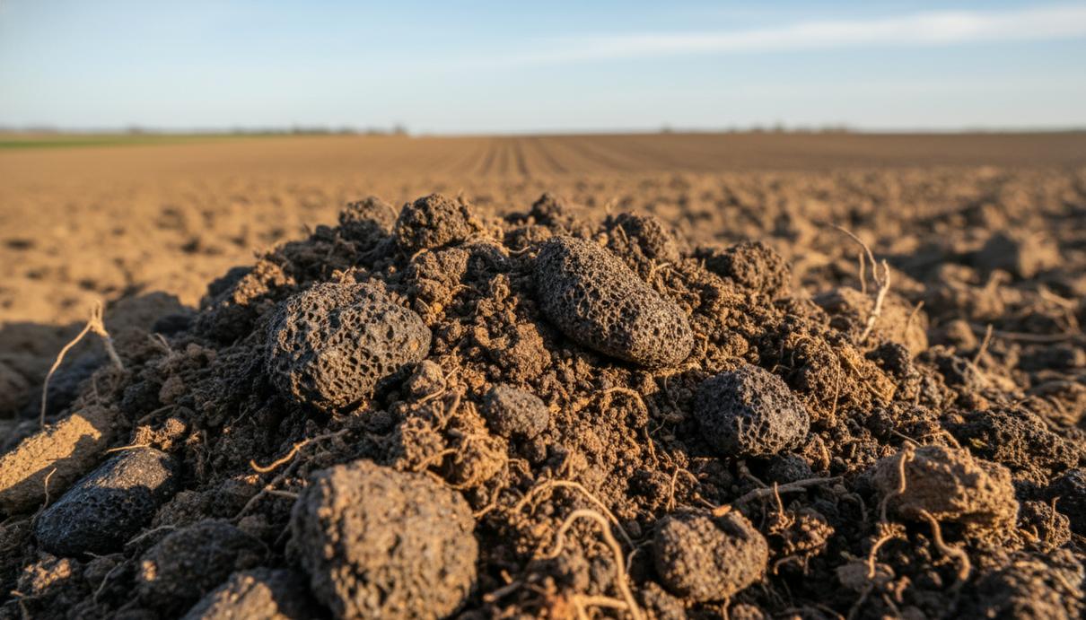 Крупный план темных пористых гранул костного угля в почве на фоне размытого сельскохозяйственного поля.