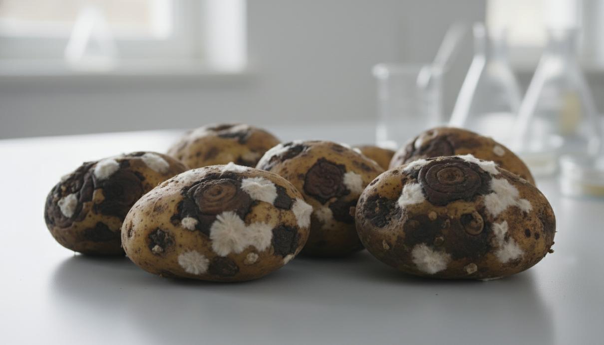 Клубни картофеля с признаками сухой гнили, темными впадинами и светлым грибковым налетом на поверхности.