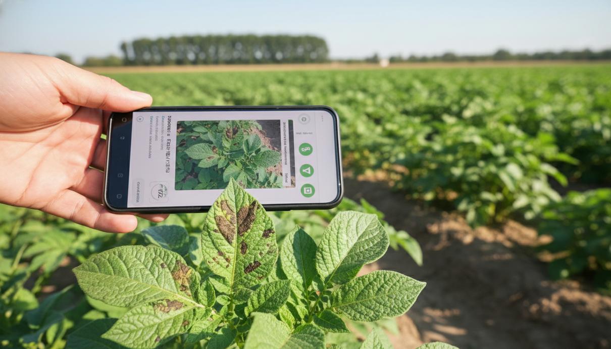 Смартфон с открытым приложением для диагностики растений на фоне зеленого поля в лучах солнца.