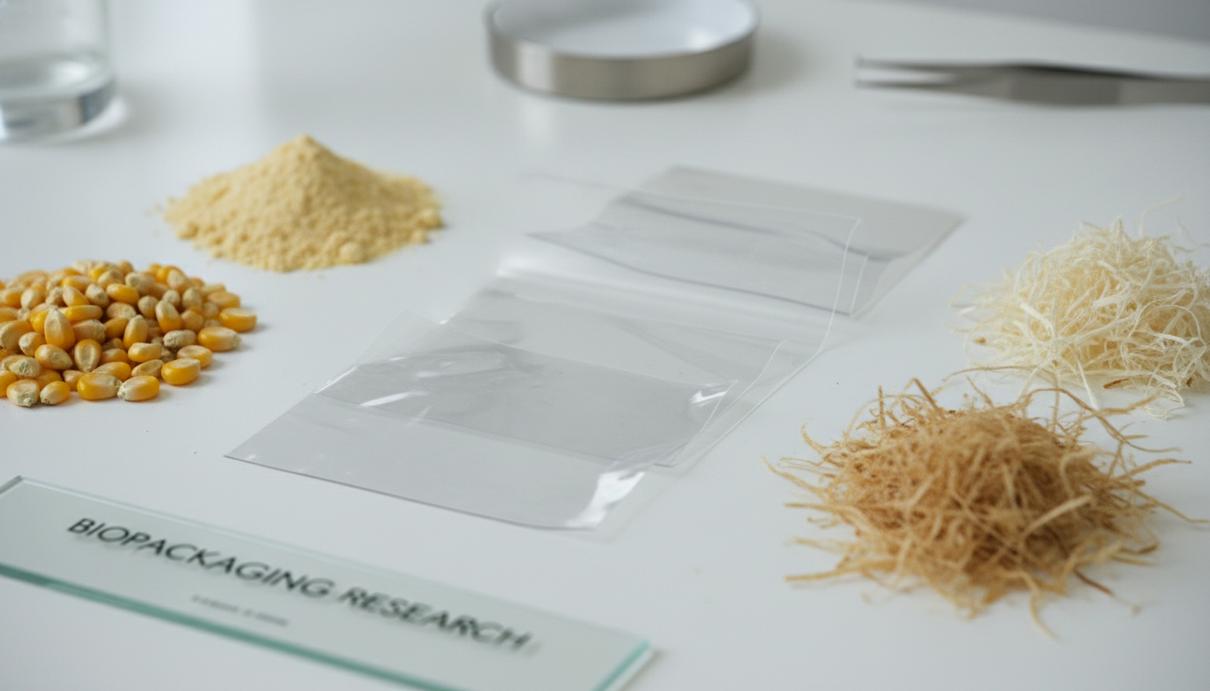 Прозрачные листы биоразлагаемой пленки рядом с початками кукурузы на лабораторной поверхности.