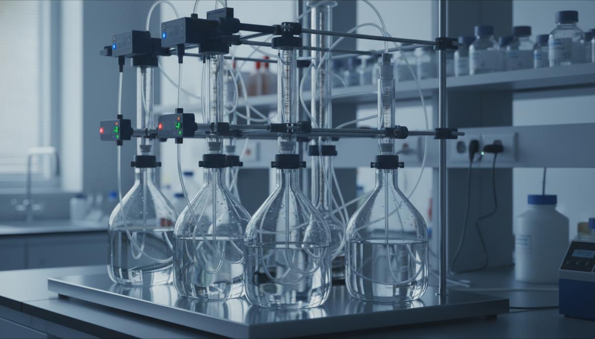 Стеклянные колбы и лабораторное оборудование для фильтрации и химической очистки воды.