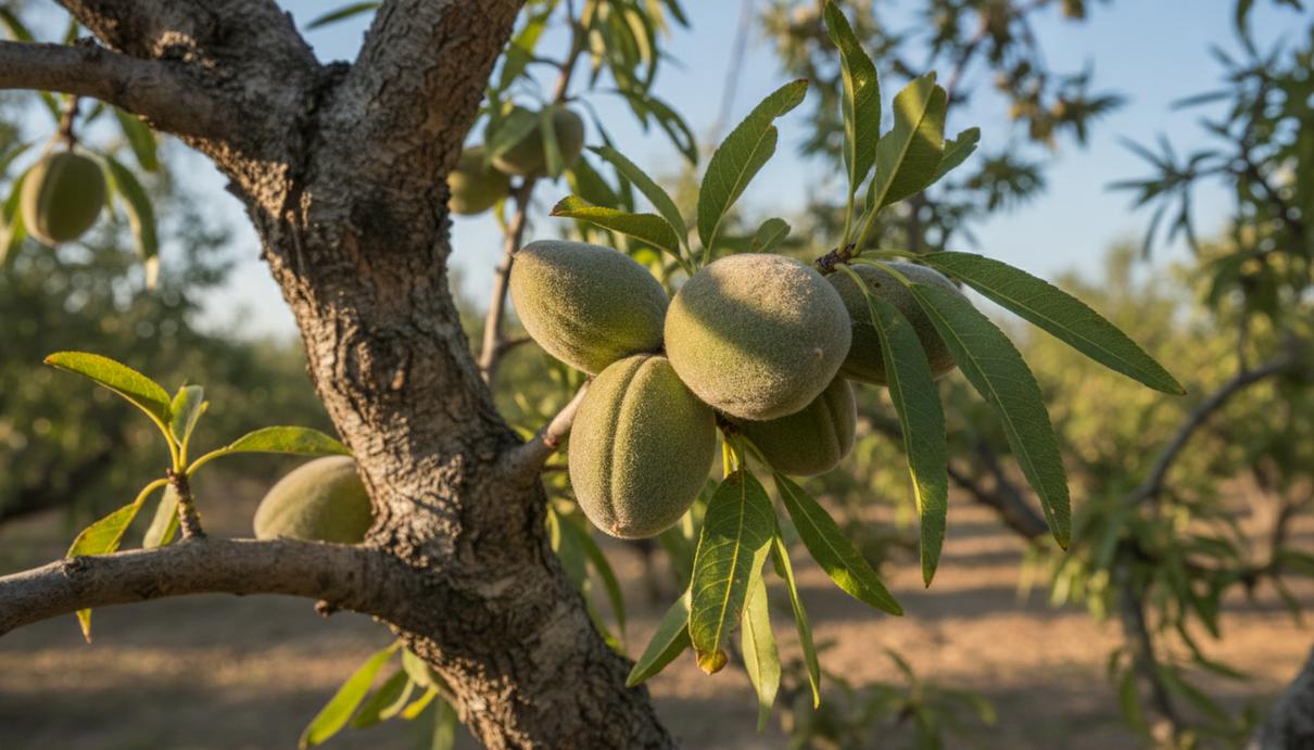Ветка миндального дерева с зелеными плодами и листьями в саду при дневном освещении