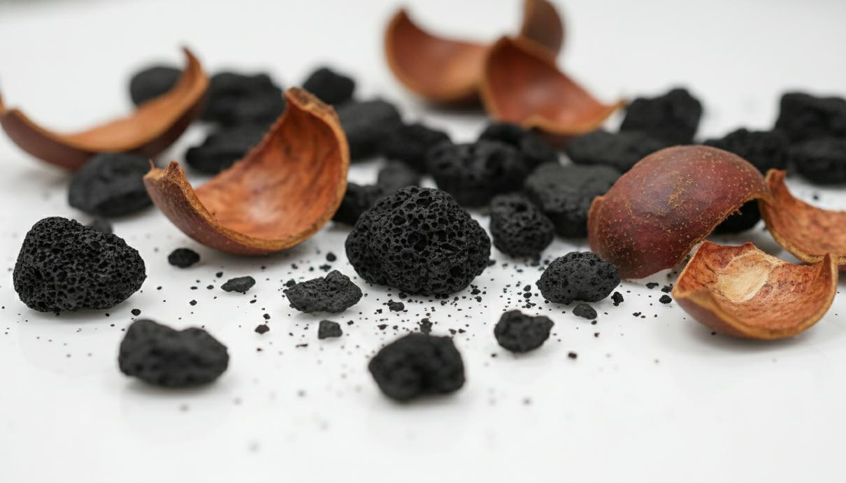 Черные пористые гранулы биоугля и фрагменты сухой скорлупы каштана на светлом лабораторном столе.