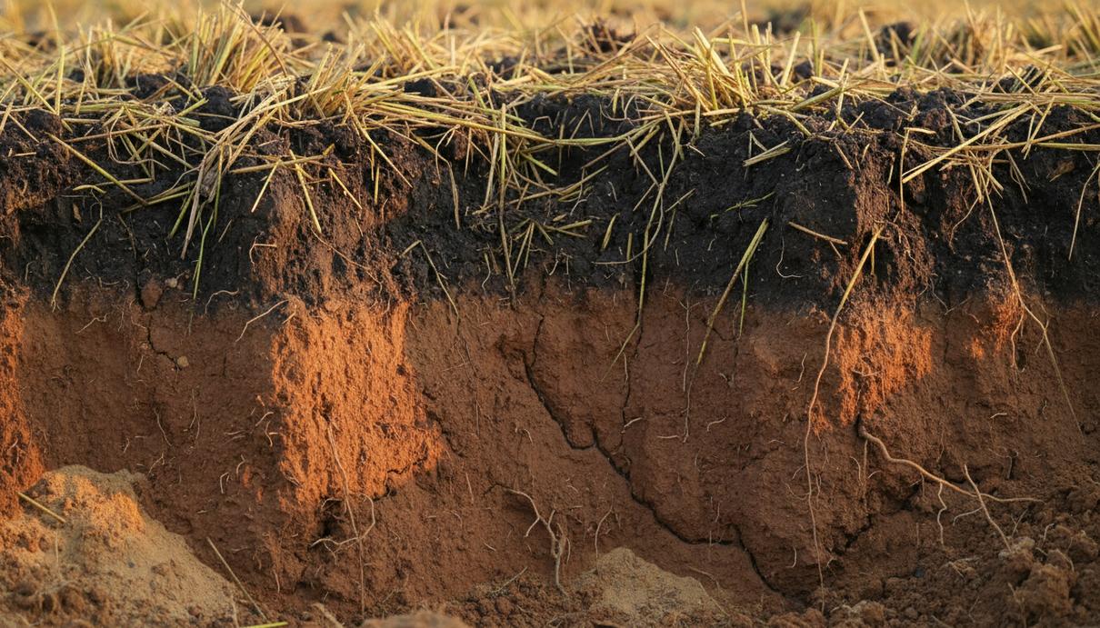 Поперечный срез почвы с остатками перегнивающей рисовой соломы и органическими веществами