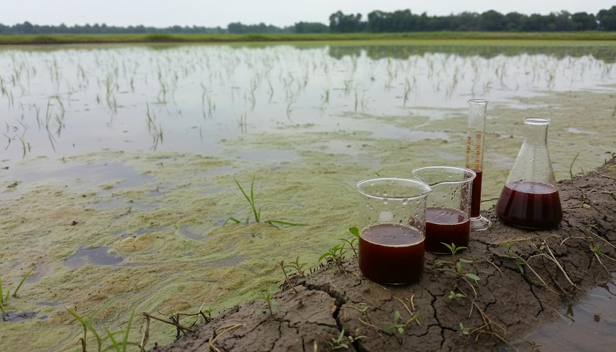Залитое водой рисовое поле с зеленоватой пленкой и стеклянные колбы с темной жидкостью.