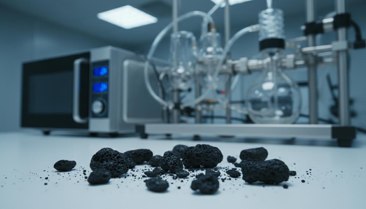 Черные гранулы пористого биоугля на лабораторном столе на фоне промышленной установки из стали и стекла.