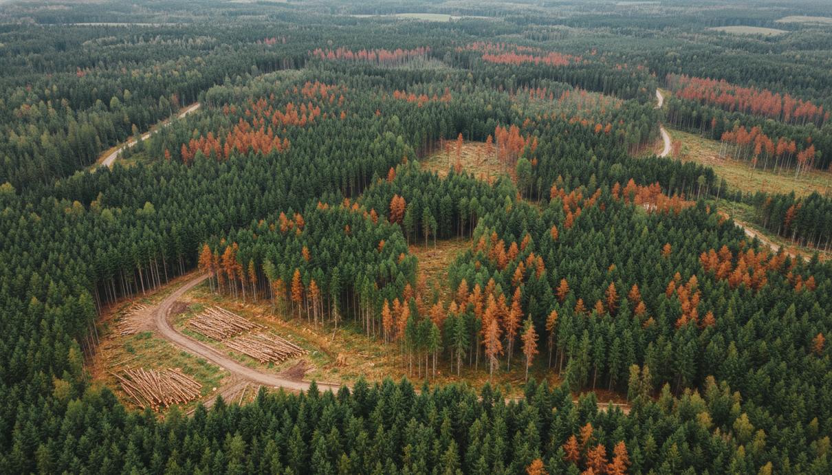 Вид сверху на массив елового леса, где среди зеленых крон видны очаги высохших рыжих деревьев.