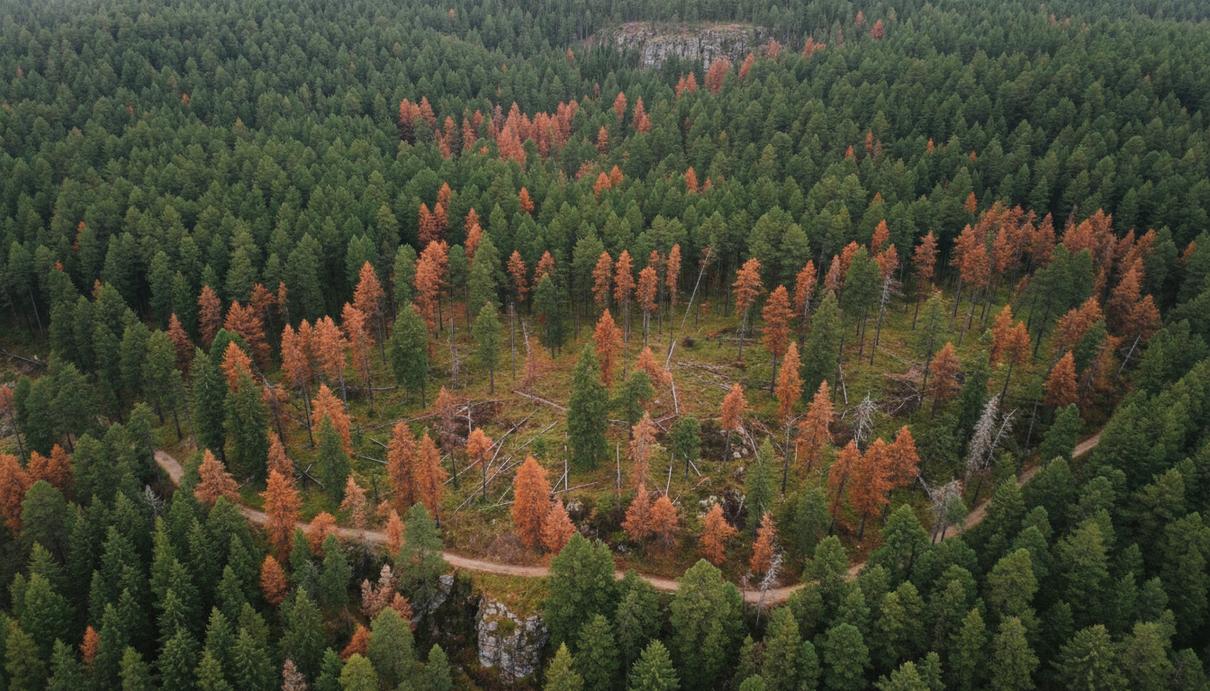 Аэрофотосъемка лесного массива с отдельными засохшими соснами, выделяющимися рыжим цветом хвои.