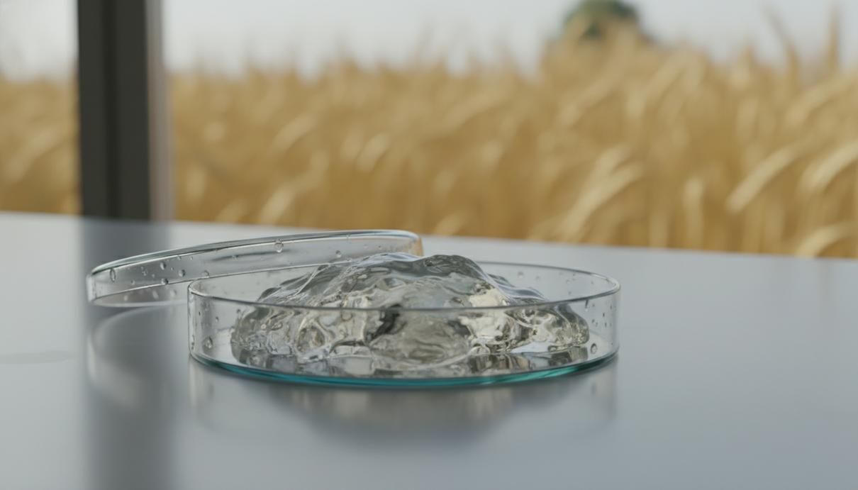 Прозрачный пищевой гидрогель в стеклянной лабораторной посуде на фоне колосьев пшеницы