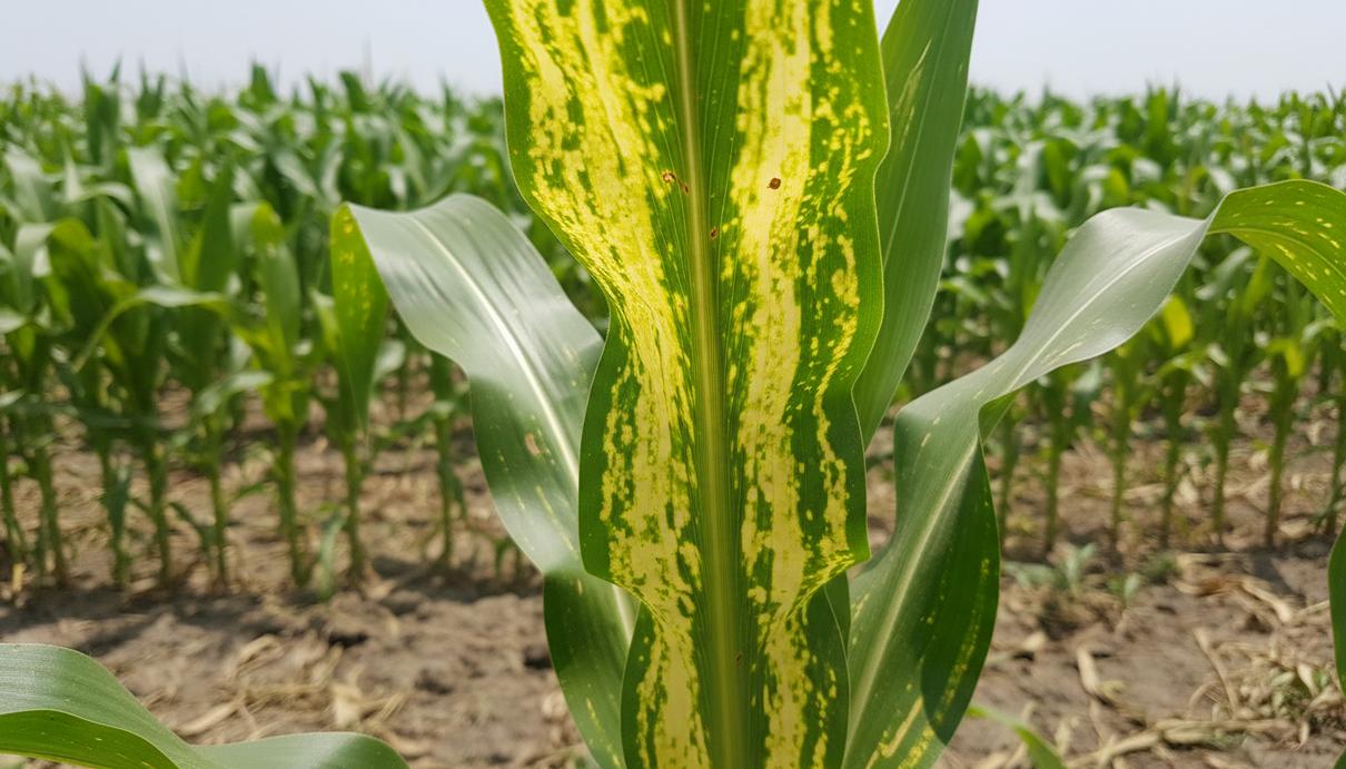 Крупный план листа кукурузы с желтыми полосами между прожилками на фоне сельскохозяйственного поля.