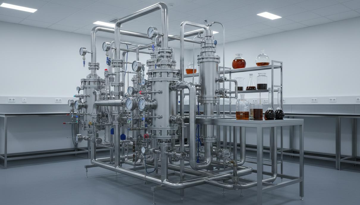 Лабораторная установка из нержавеющей стали с манометрами, датчиками и соединительными трубками