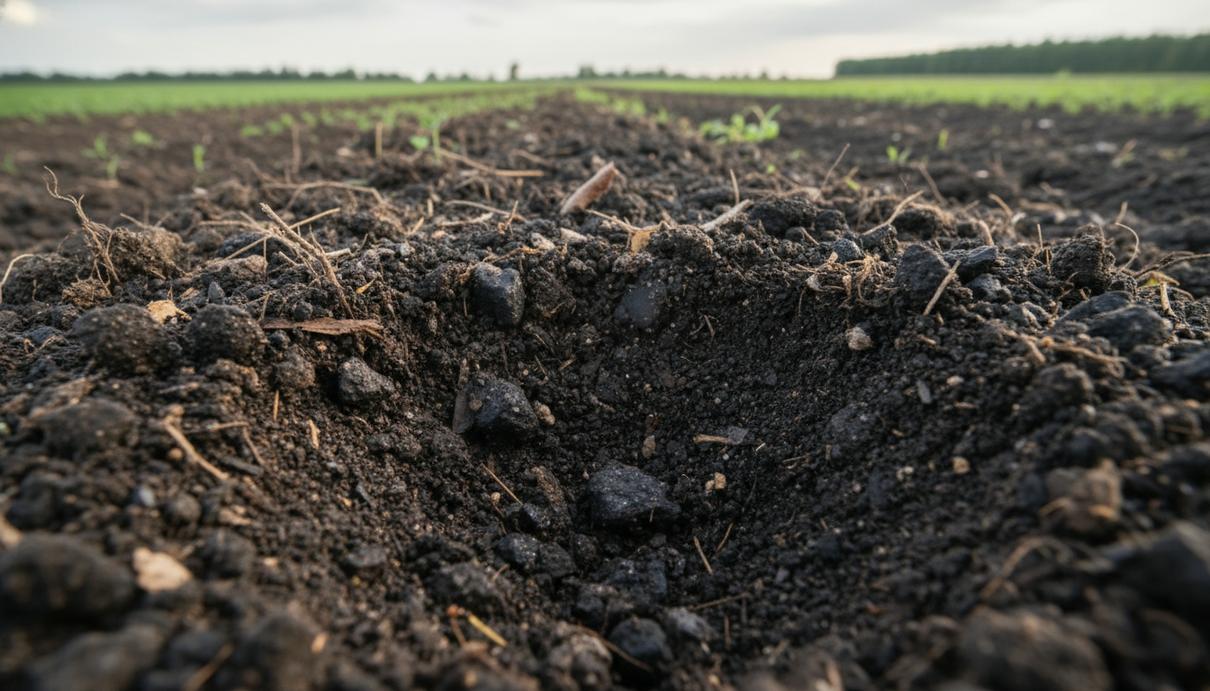 Крупный план темной сельскохозяйственной почвы с частицами черного биоугля на открытом поле.