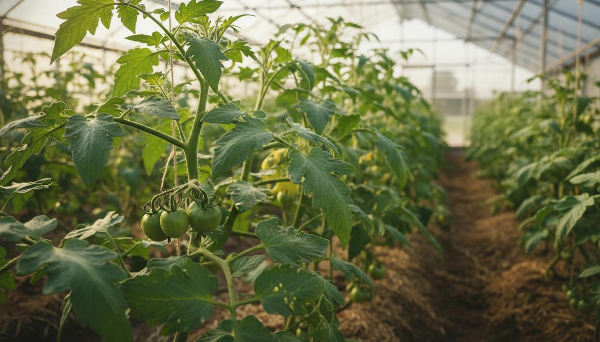 Здоровые кусты томатов с ярко-зелеными листьями в теплице при естественном солнечном свете.