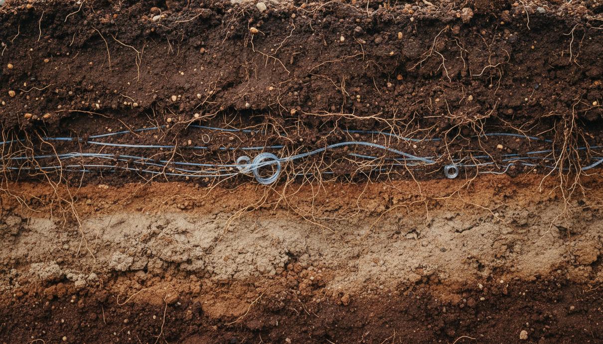 Поперечный разрез влажной сельскохозяйственной почвы с микроскопическими порами и датчиками.