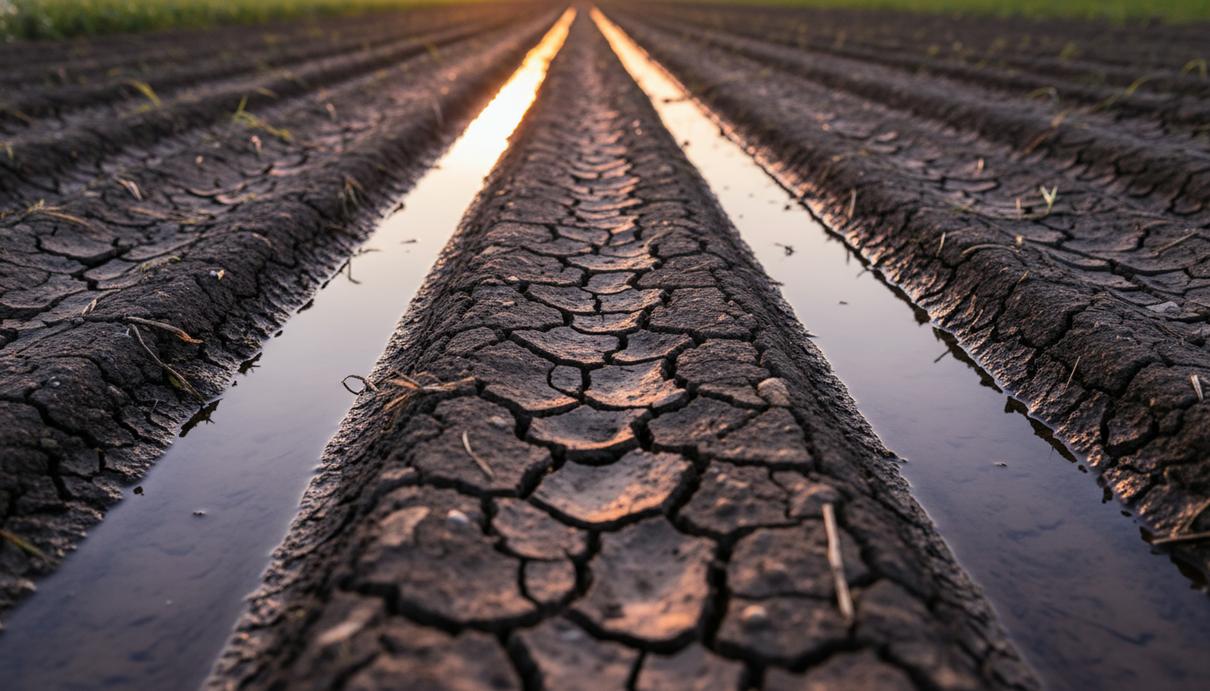 Поверхность вспаханного поля с трещинами в почве и застоявшейся в бороздах водой.