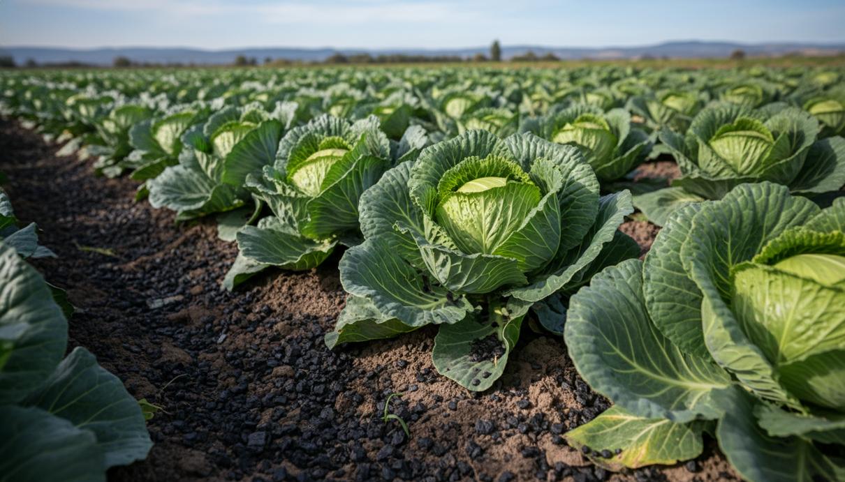 Ряды молодой зеленой капусты на поле, растущей в рыхлой темной почве с вкраплениями черного биоугля.