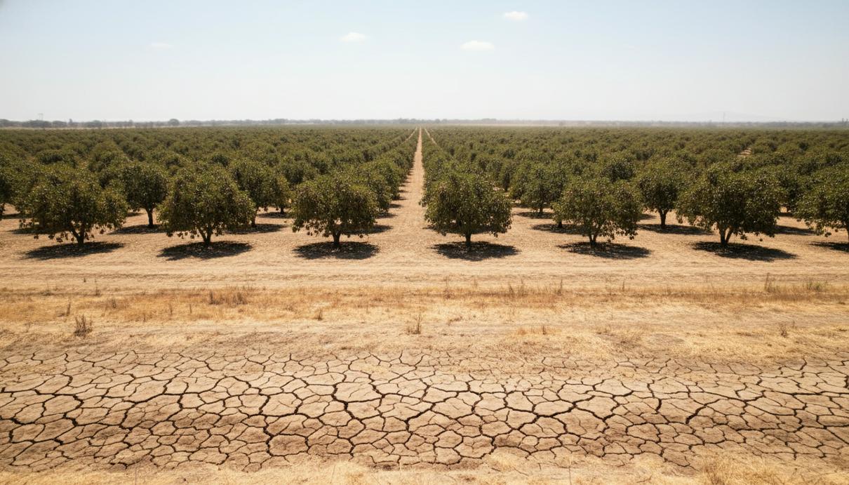 Сухая растрескавшаяся почва между рядами деревьев на плантации авокадо в Мексике.
