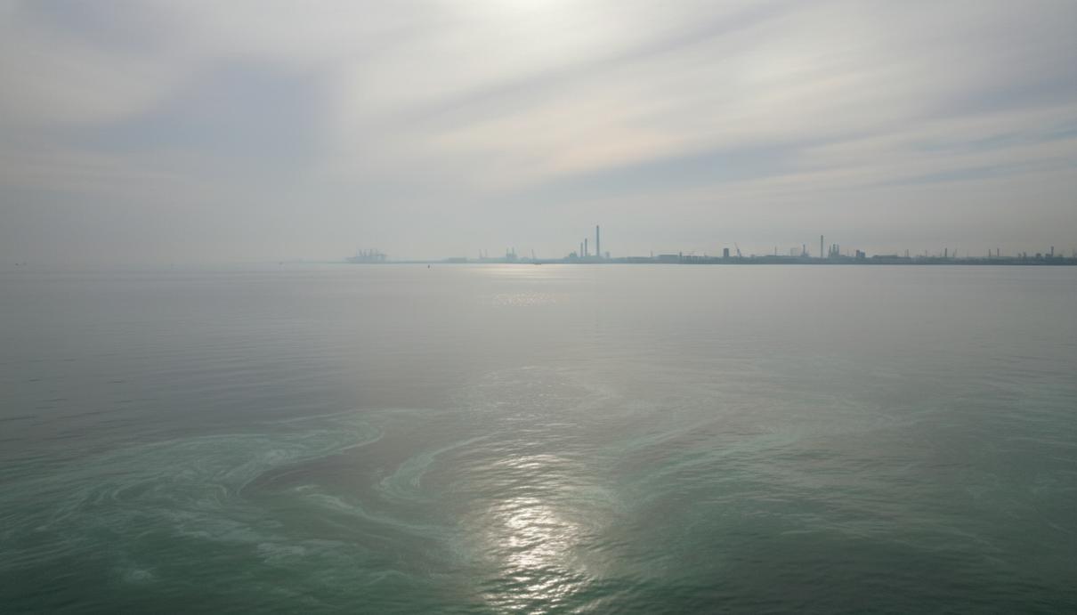 Вид на спокойную морскую гладь с разводами планктона и туманным горизонтом под облачным небом.