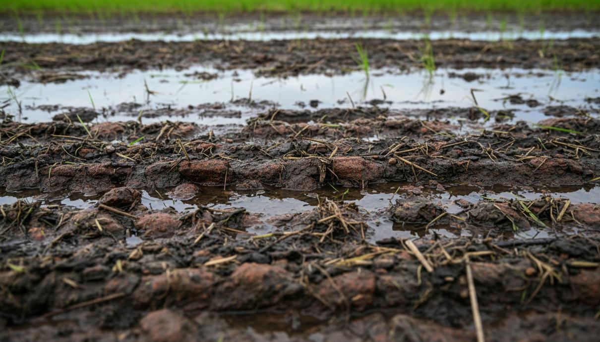 Крупный план влажной сельскохозяйственной почвы на рисовом поле с частицами органики