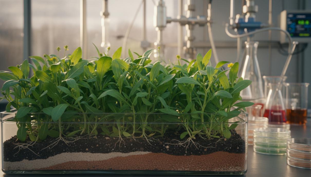 Посадки рыжика посевного в лабораторной теплице на фоне научного оборудования.