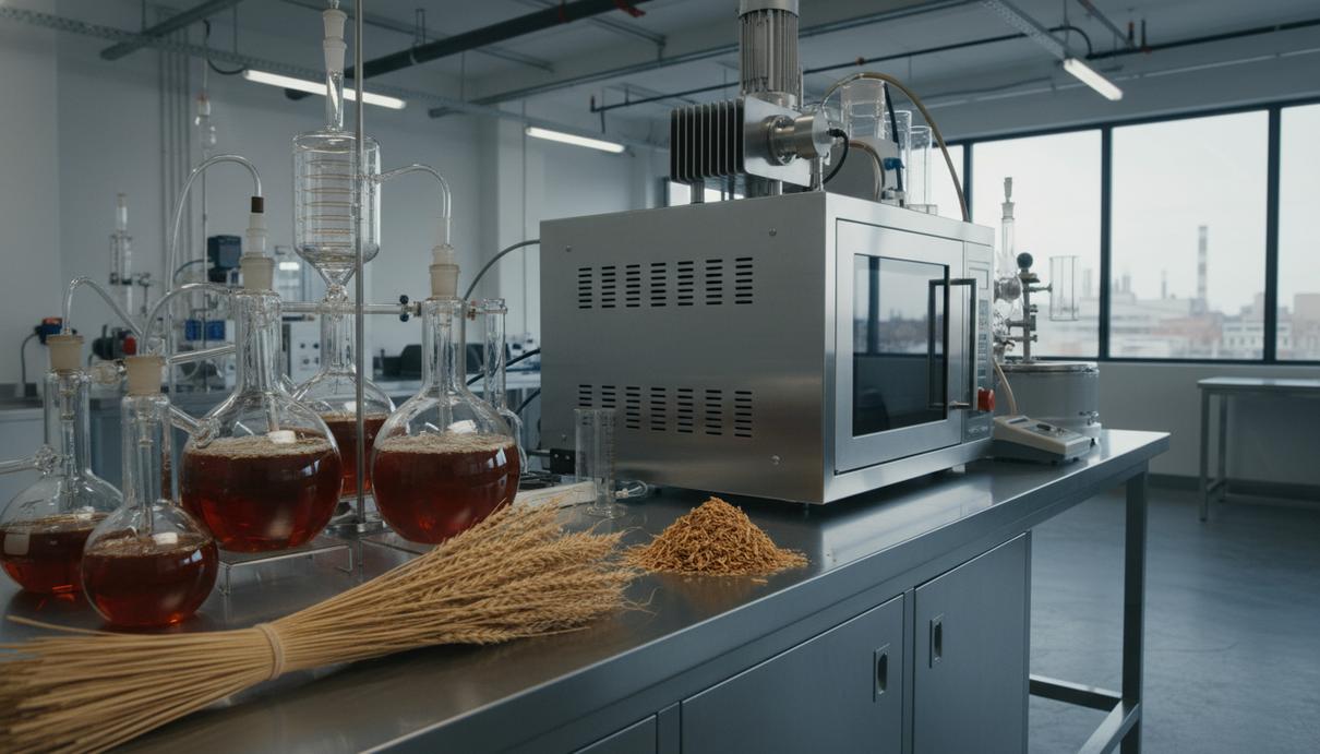 Лабораторные колбы с янтарной жидкостью и пучки сухой пшеничной соломы на металлическом столе.