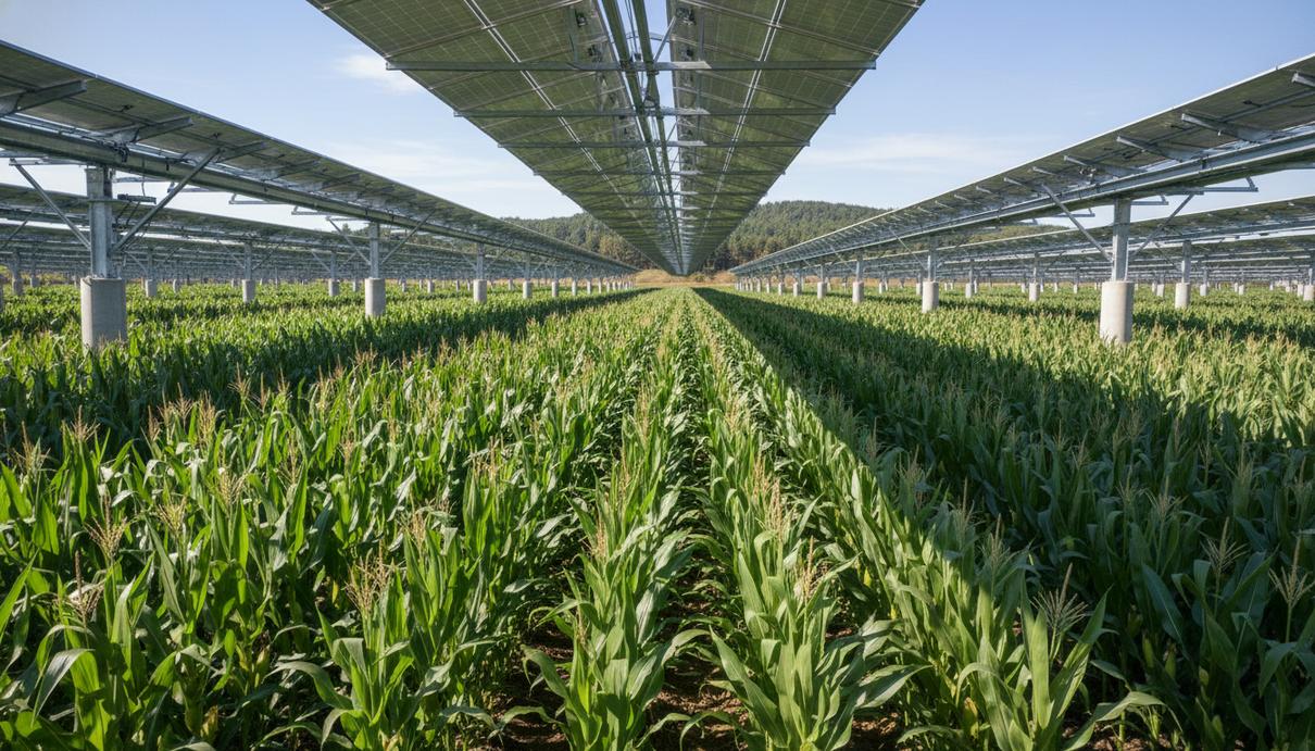 Ряды высоких солнечных панелей над полем зеленой кукурузы на фоне ясного неба.