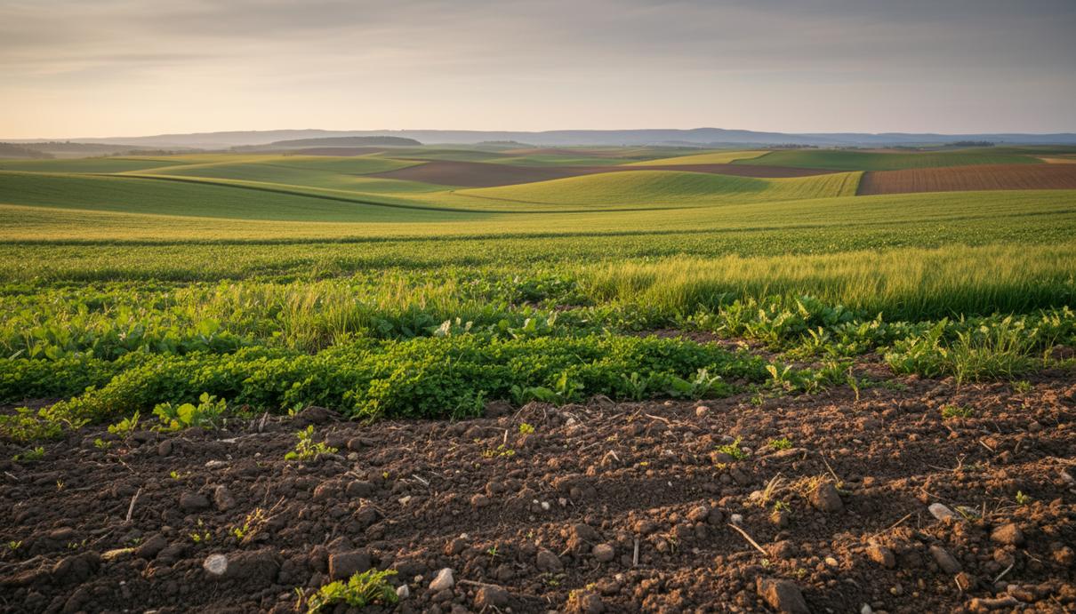 Сельскохозяйственное поле с зелеными всходами и детальной текстурой темной почвы на фоне холмов.