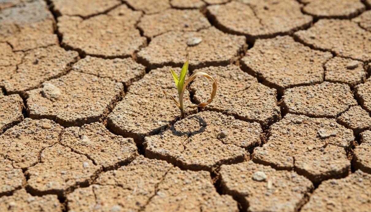 Крупный план пересохшей растрескавшейся земли с увядающим зеленым ростком растения.