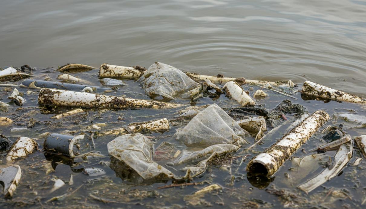 Фрагменты пластикового мусора в мутной речной воде с налетом органической биопленки на поверхности.