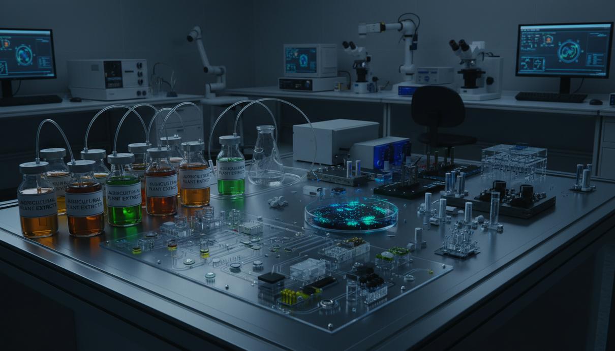 Лабораторные стеклянные флаконы с растворами и портативное электронное устройство для анализа проб.