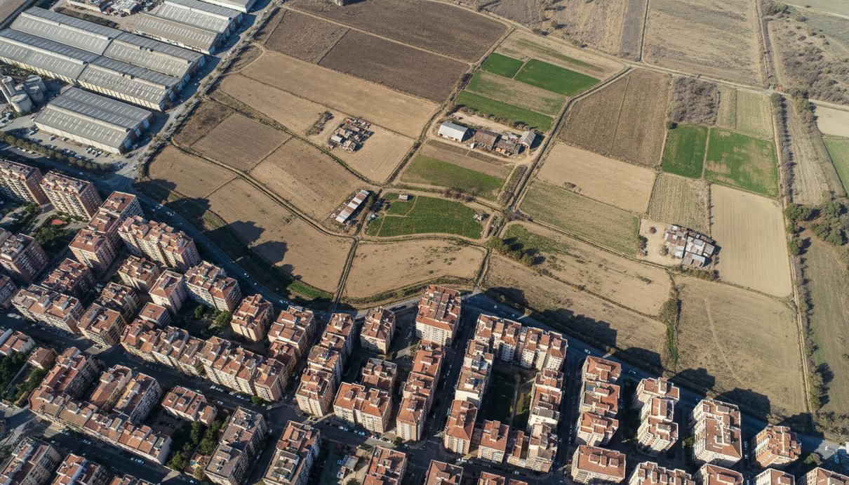 Граница между городскими кварталами и сельскохозяйственными полями в пригороде Барселоны.
