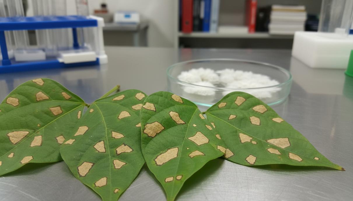 Листья фасоли с коричневыми пятнами угловатой пятнистости рядом с лабораторной чашкой Петри.