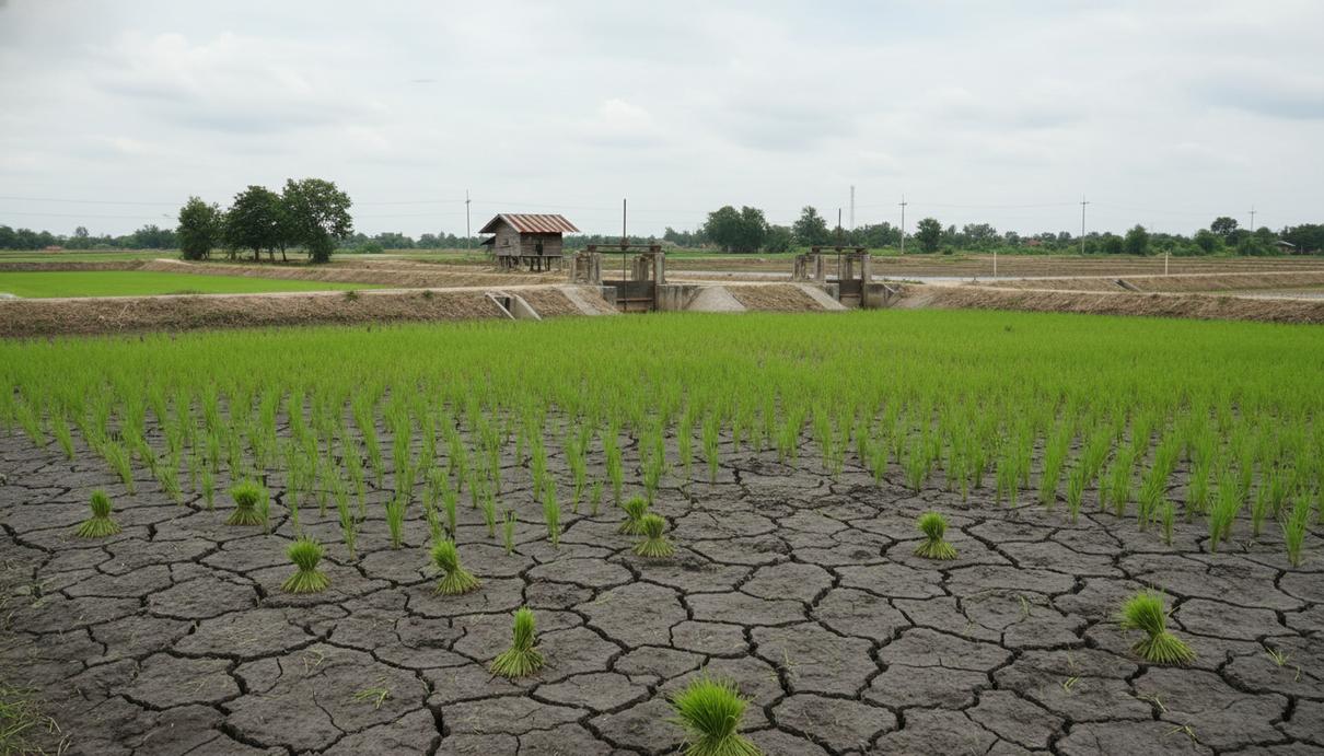 Зеленые всходы риса на поле с участками подсохшей почвы в период между затоплениями.