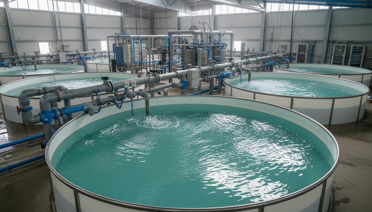 Современный цех с круглыми бассейнами для разведения рыбы и системой очистки воды в Японии.