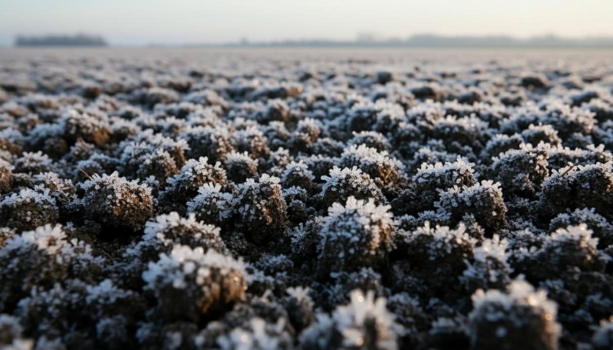 Крупный план вспаханной земли с мелкими частицами угля и кристаллами инея на поверхности.