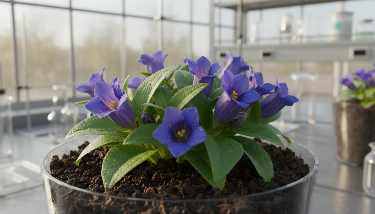 Цветущая горечавка в лабораторном горшке с темным почвенным субстратом и частицами биочара.