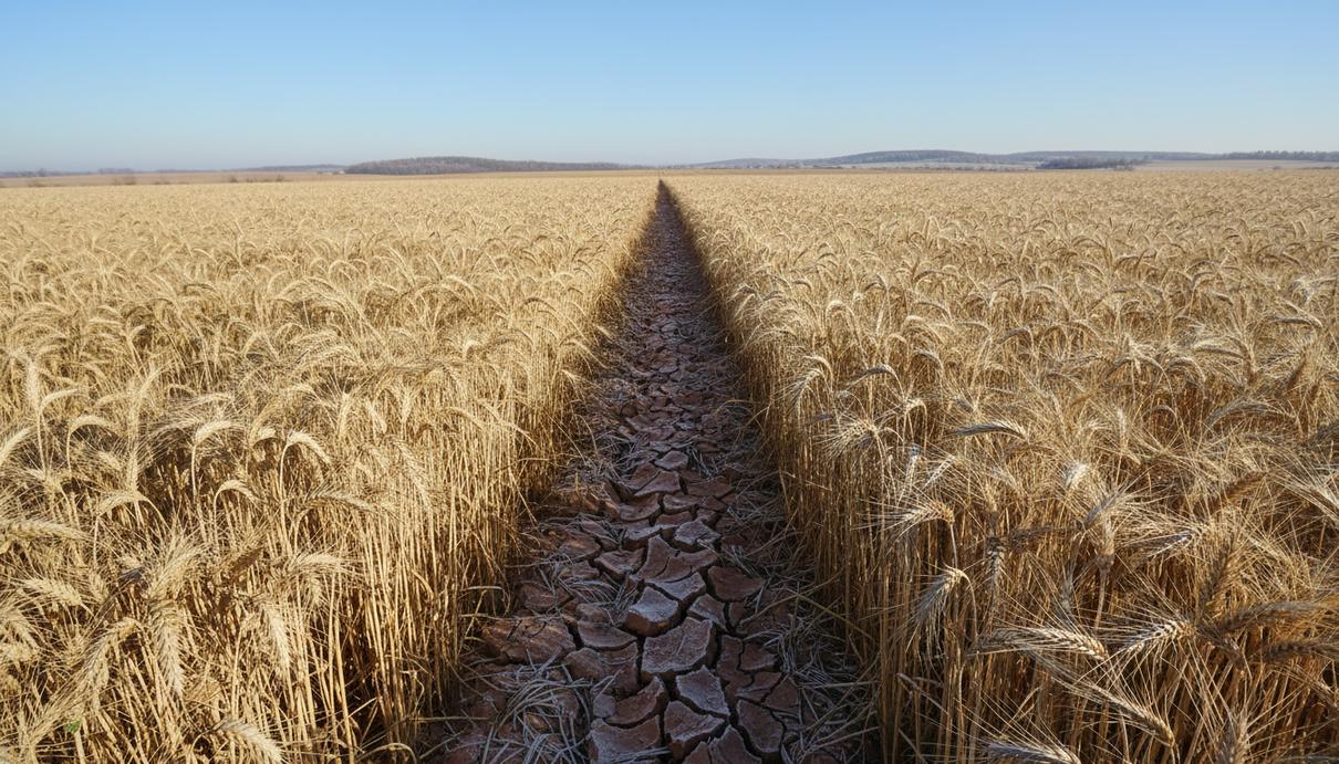 Золотистые колосья пшеницы на сельскохозяйственном поле с участками сухой растрескавшейся земли.