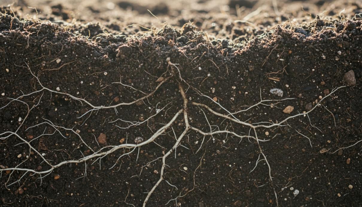Корневая система растения в разрезе темной почвы с мелкими минеральными частицами.