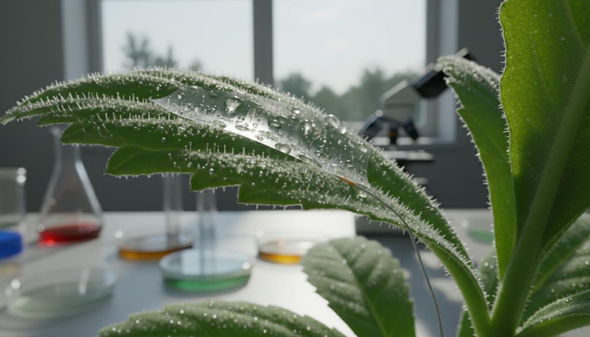 Крупный план листа растения с прозрачной нанопленкой на поверхности и каплями воды