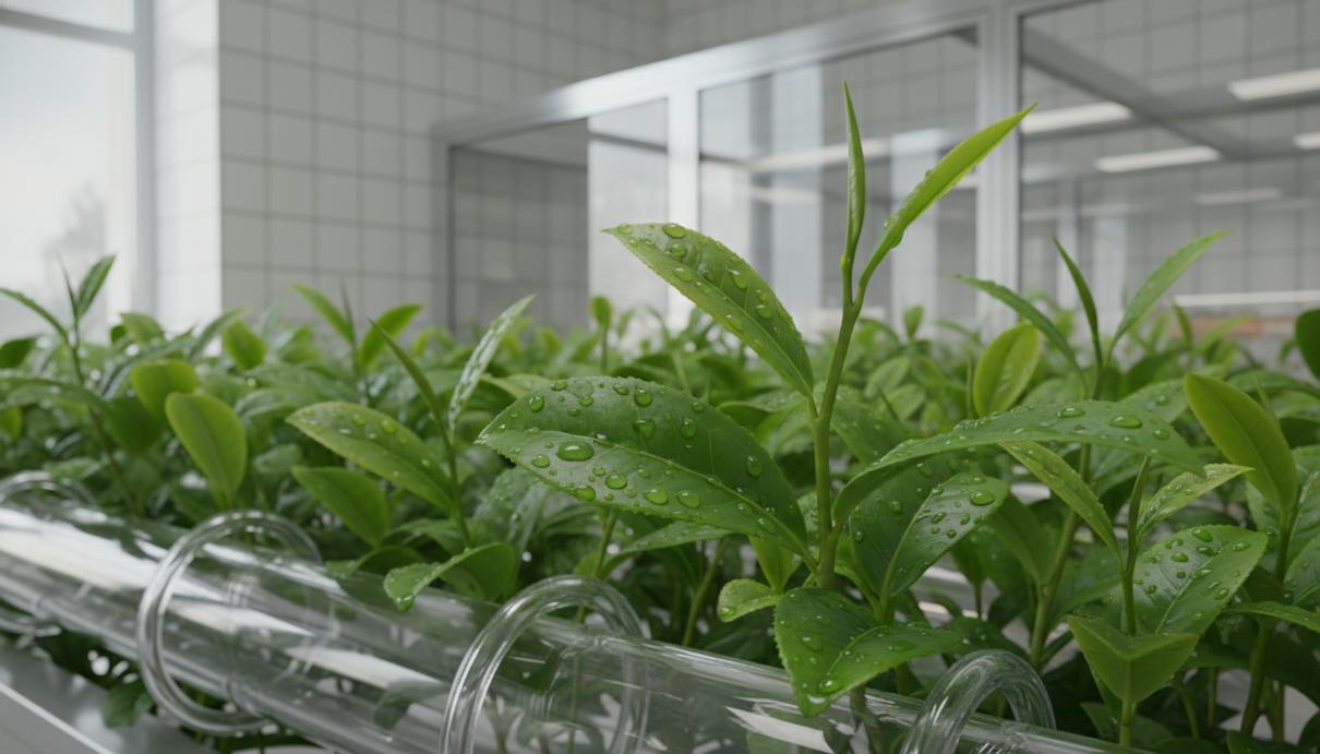 Молодые зеленые побеги чайного куста в лабораторной системе гидропоники.