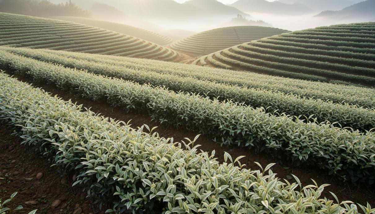 Чайные кусты со светло-зелеными листьями на террасных плантациях в китайской провинции Чжэцзян.