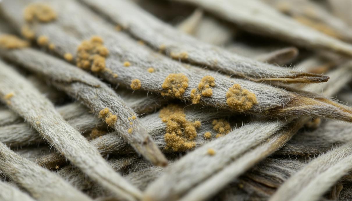 Макросъемка сухих чайных листьев с мелкими желтыми вкраплениями плесневого грибка на поверхности.